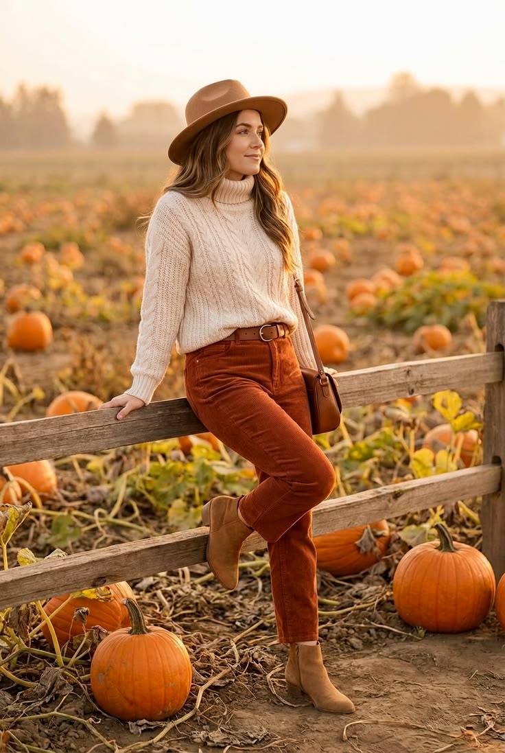 17. Camel Fedora Topping Rust Corduroy Trousers and a Cream Turtleneck