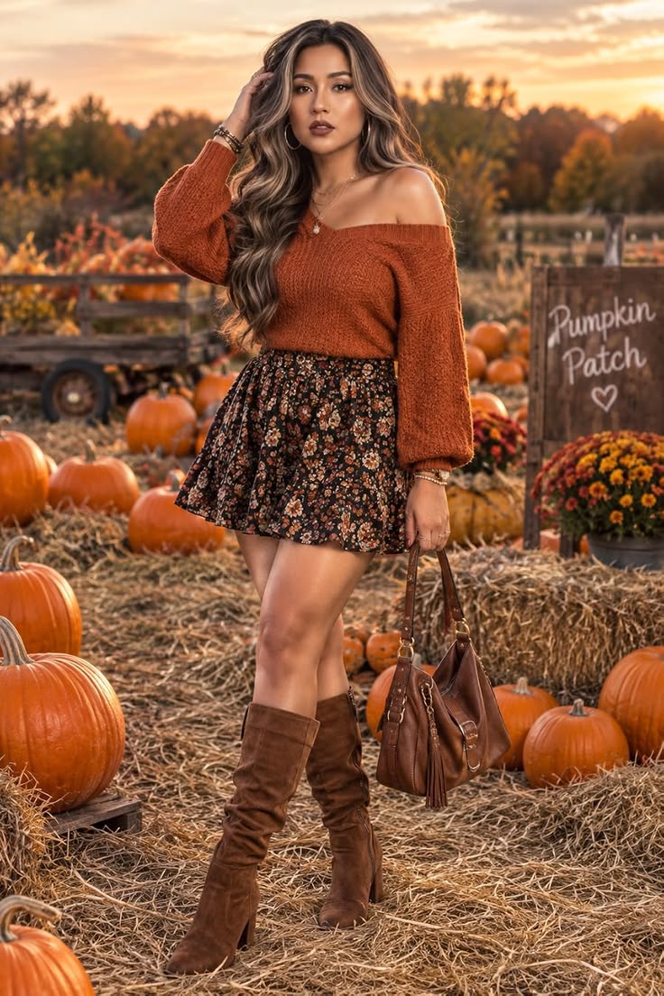 20. Off-Shoulder Rust Sweater with a Floral Ruffle Mini Skirt