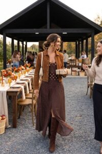 1. Brown Polka-Dot Midi Dress With a Suede Trucker Jacket