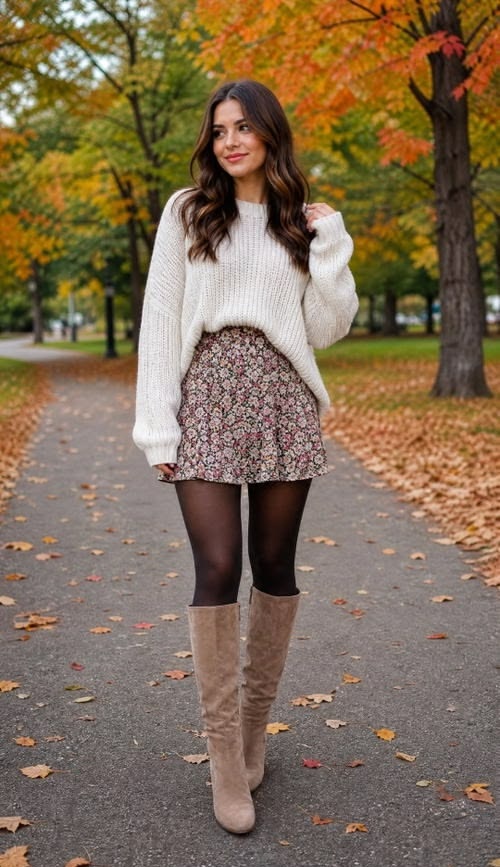 4. Floral Mini Skirt, Oversized Cream Sweater and Taupe Knee-High Boots