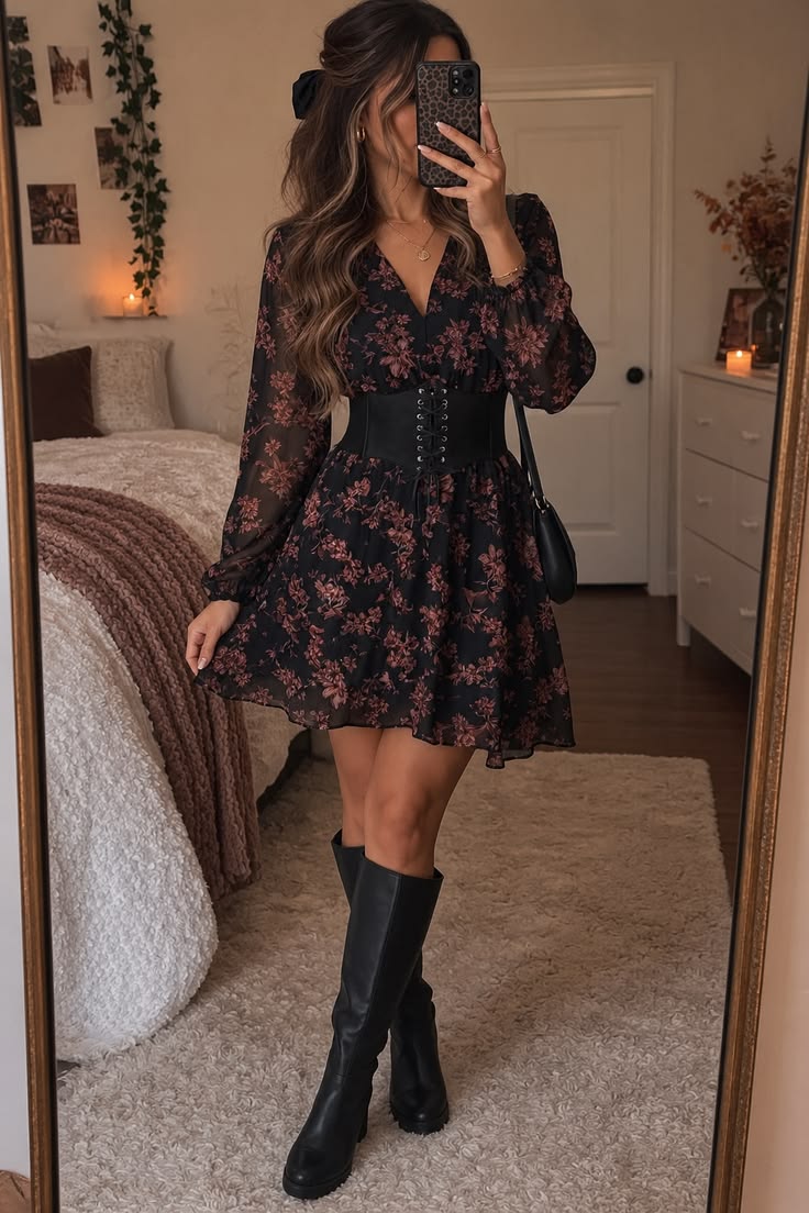 5. Black Floral Chiffon Mini Dress Cinched With a Corset Belt