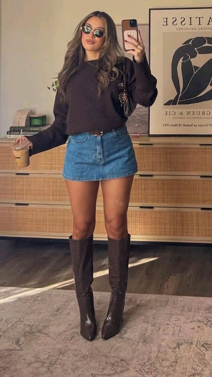 10. Chocolate Sweater, Denim Mini Skirt and Croc-Embossed Knee-High Boots