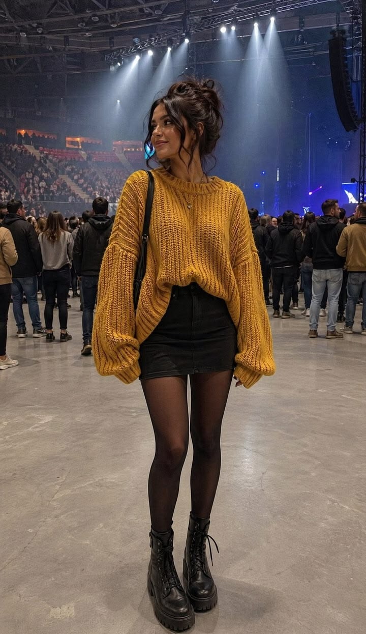 1. Mustard Chunky-Knit Sweater Over a Black Denim Mini for Concerts