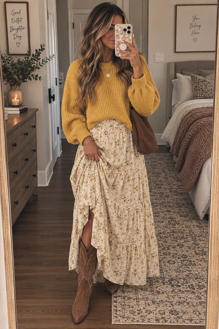 2. Floral Tiered Maxi Skirt With a Mustard Balloon-Sleeve Sweater and Cowboy Boots