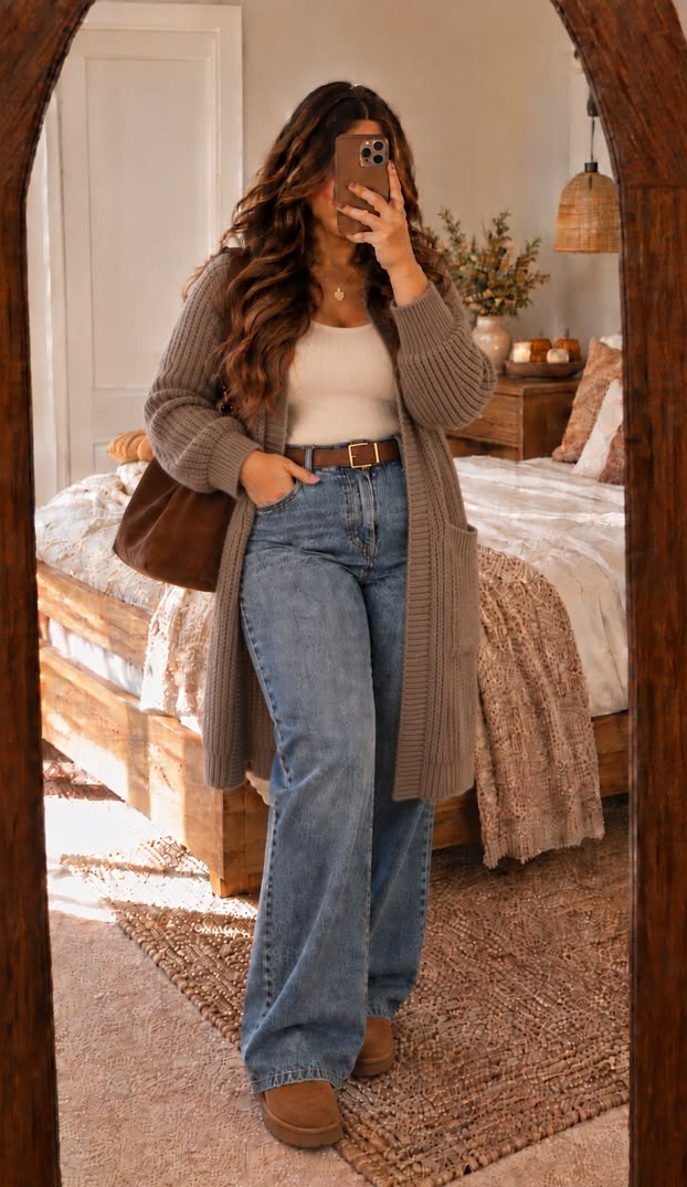 6. Mocha Longline Cardigan, Belted Wide-Leg Jeans and Suede Ankle Boots