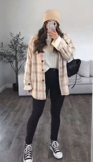 7. Peach Plaid Shacket With Black Skinny Jeans and Platform High-Tops