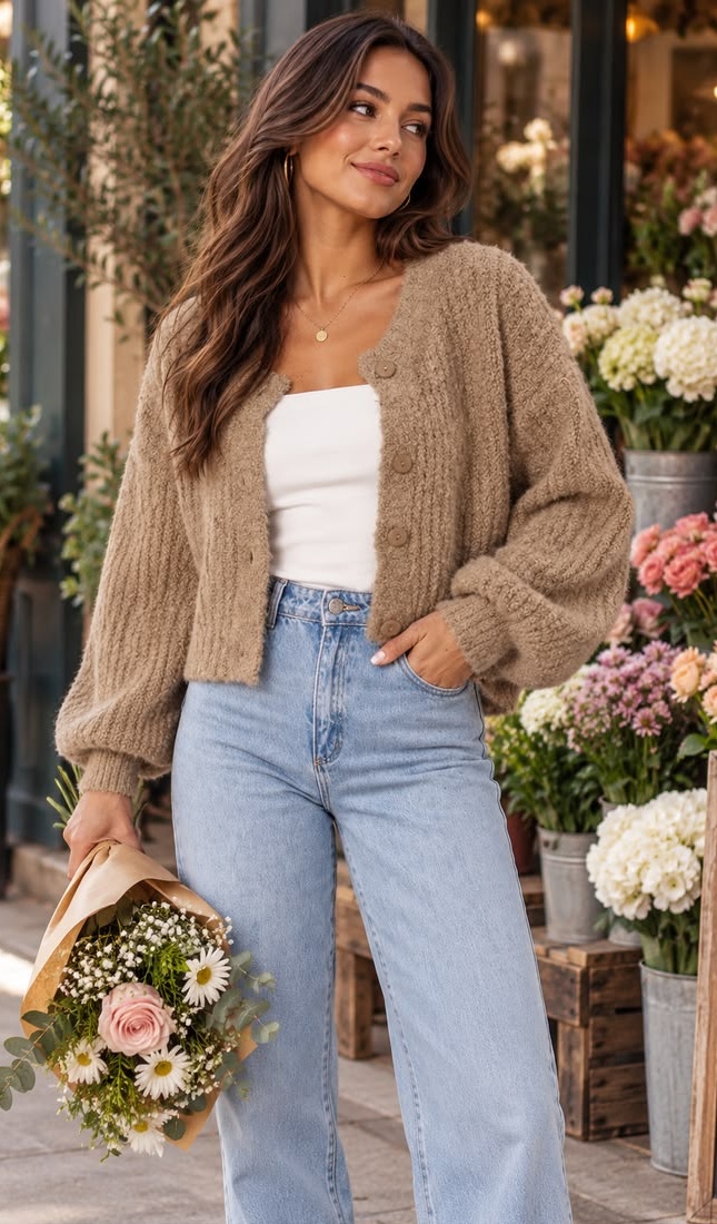 11. Cropped Taupe Bouclé Cardigan, White Tube Top and Wide-Leg Jeans