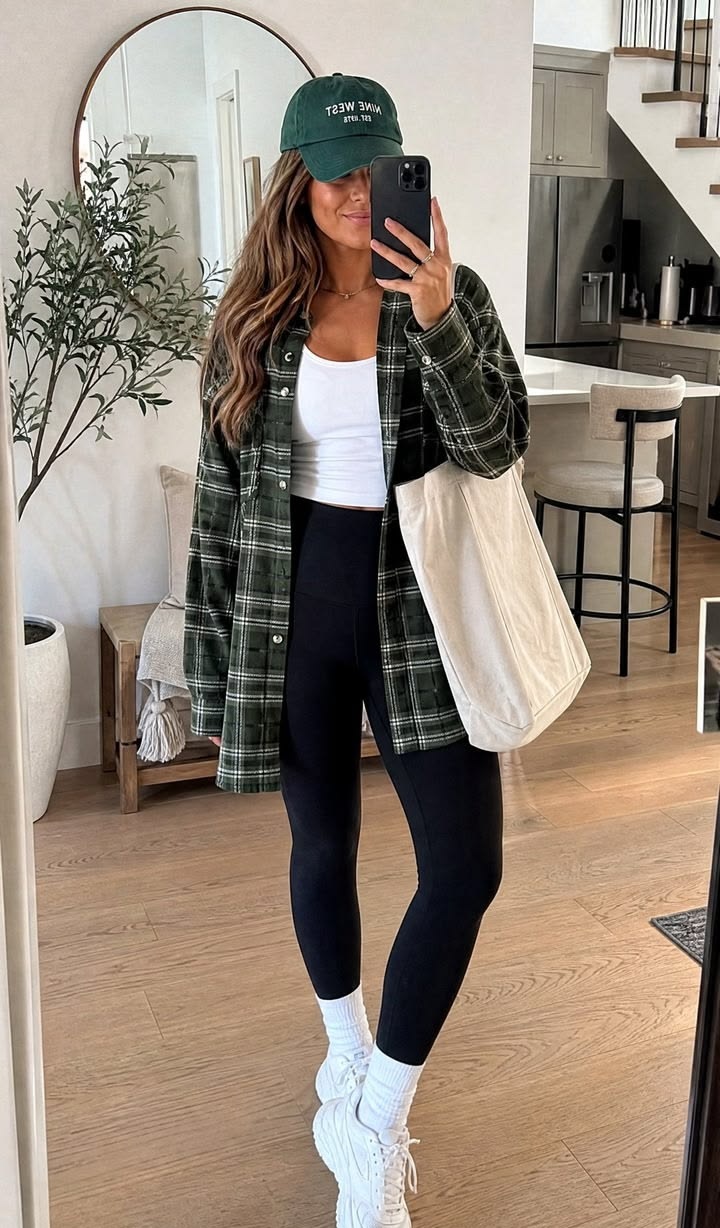 13. Forest Green Flannel Shacket With Matching Cap and Black Leggings