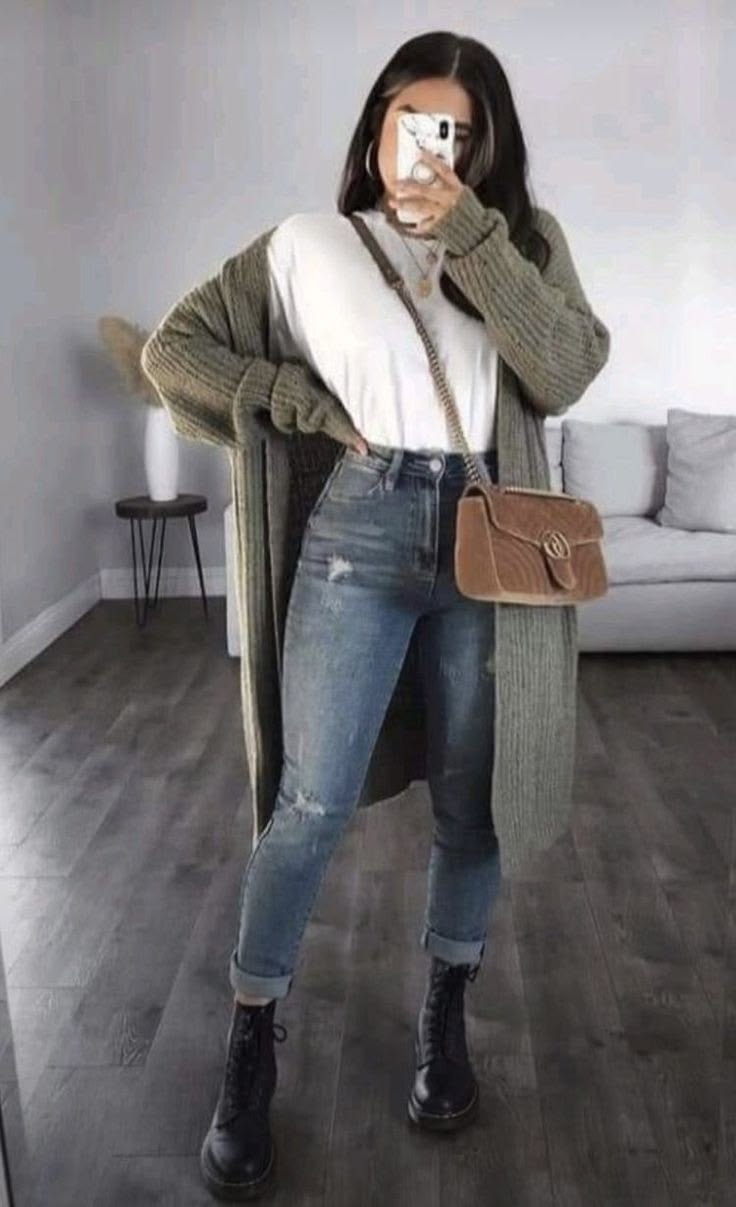 14. Long Olive Cardigan With Cuffed Skinny Jeans and Combat Boots