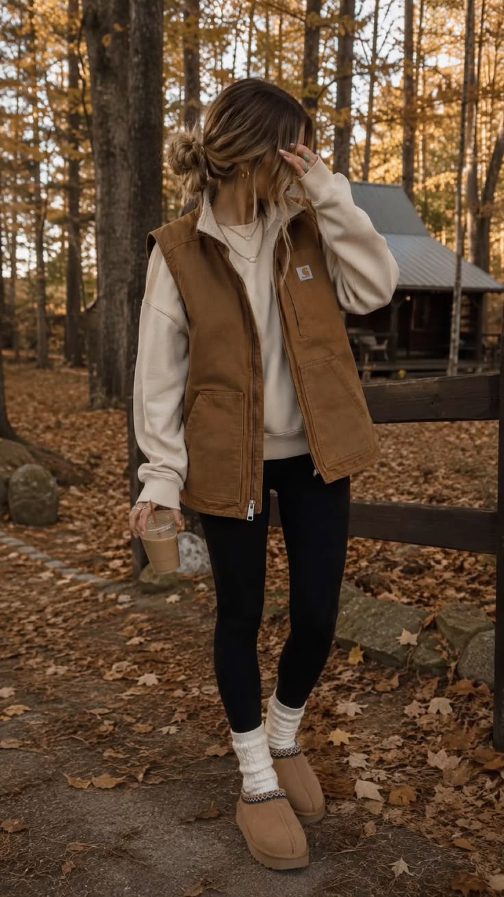 16. Brown Canvas Work Vest Over a Cream Sweatshirt for Cabin Weekends