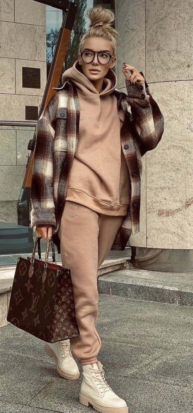 18. Tonal Camel Hoodie-and-Jogger Set Topped With a Brown Plaid Shacket