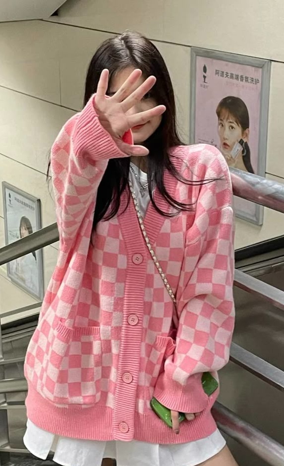 1. Pink Checkered Oversized Cardigan With White Mini Skirt