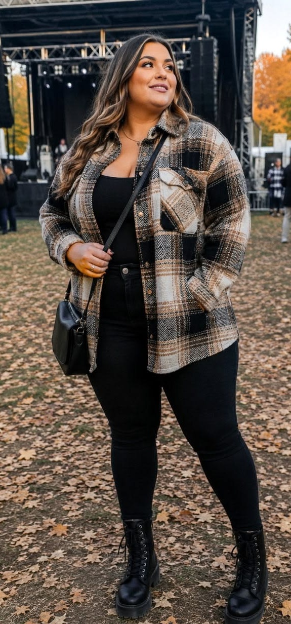 2. Camel Plaid Wool Shacket Over All-Black Skinny Jeans and Combat Boots