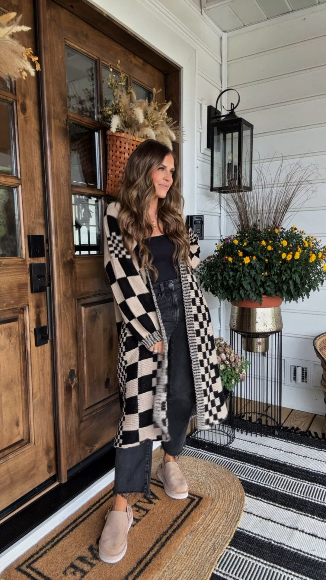 4. Checkered Duster Cardigan in Black and Oatmeal With Cropped Black Jeans