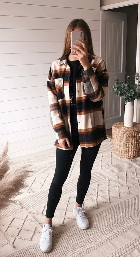 5. Black Leggings, White Sneakers and a Cream-Rust Plaid Shacket