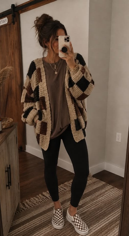 7. Oatmeal Patchwork Crochet Cardigan With Mocha Tee and Checkered Slip-Ons