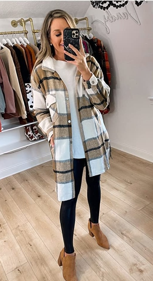 8. Knee-Length Camel Plaid Shacket With Faux Leather Leggings and Tan Booties