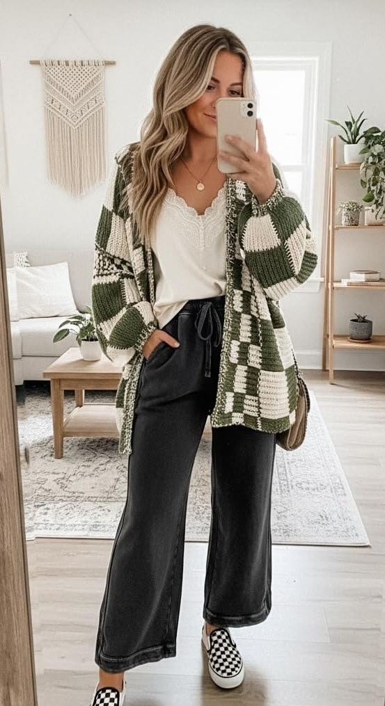 9. Olive Checkered Cardigan Over a Lace Cami and Wide-Leg Pants