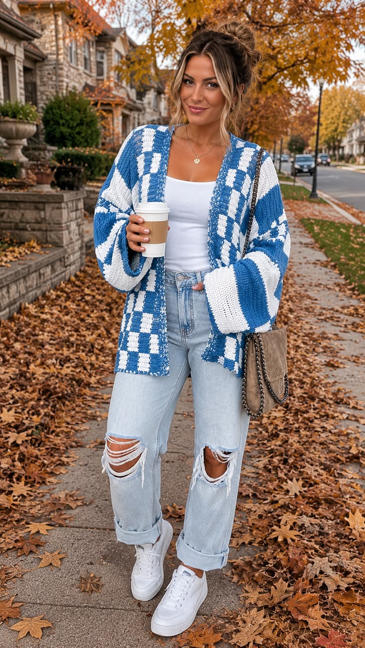 11. Cobalt Blue Balloon-Sleeve Cardigan and Cuffed Ripped Jeans for Game Day