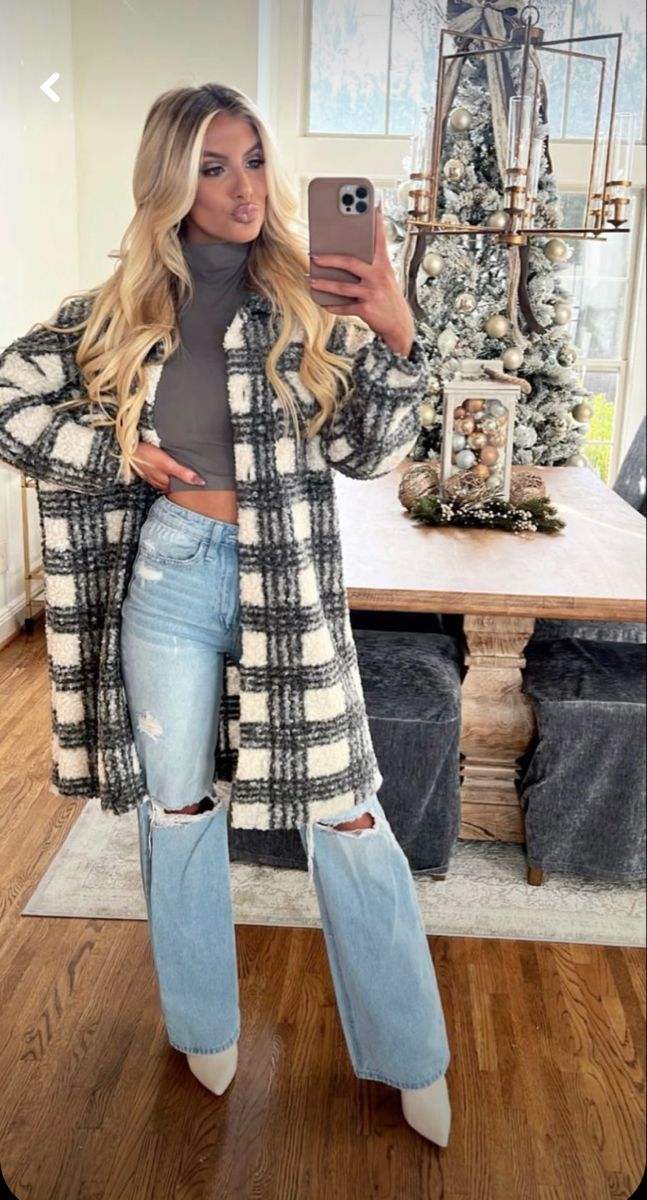 14. Sherpa Plaid Coat With Cropped Mock Neck and Ripped Wide-Leg Jeans