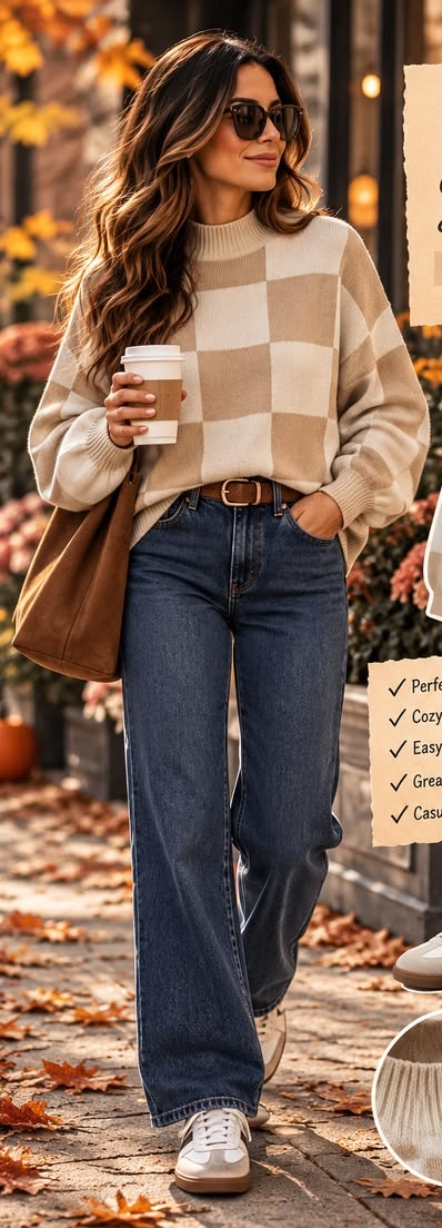 15. Camel Checkerboard Mock-Neck Sweater Belted Into Dark Wide-Leg Jeans