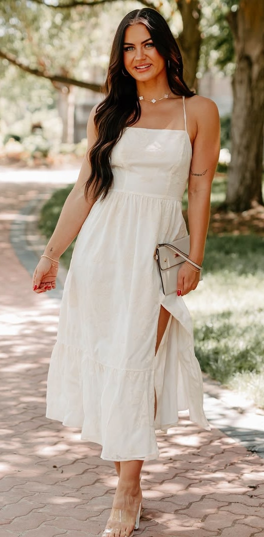 6. Square-Neck Tiered Midi Dress With Side Slit and Clear Heels