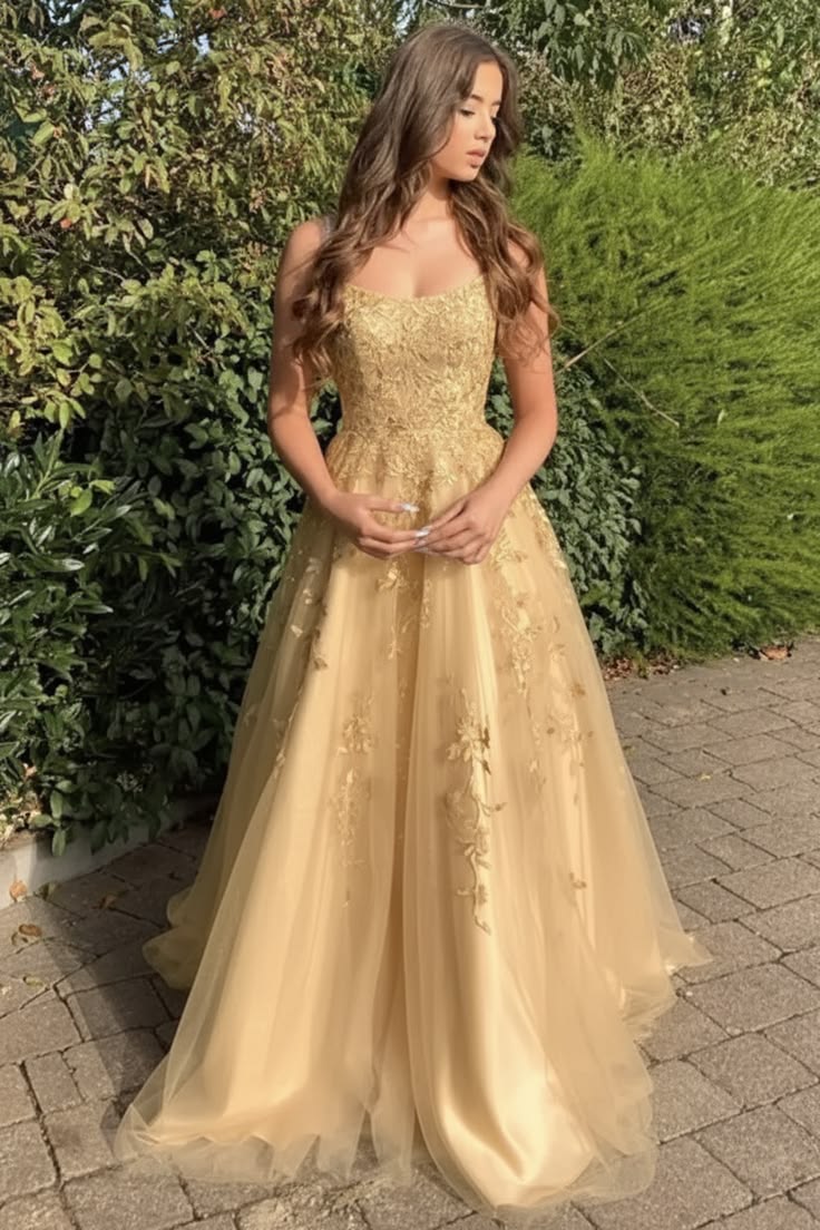 8. Pale Gold Lace Appliqué Tulle Ball Gown With Scoop Neckline