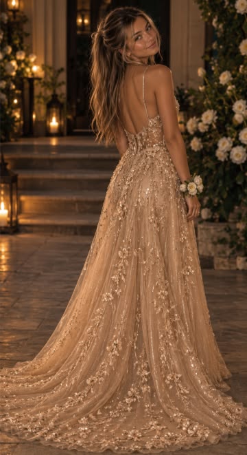 10. Open-Back Tulle Gown With Gold Floral Embroidery and Sweeping Train
