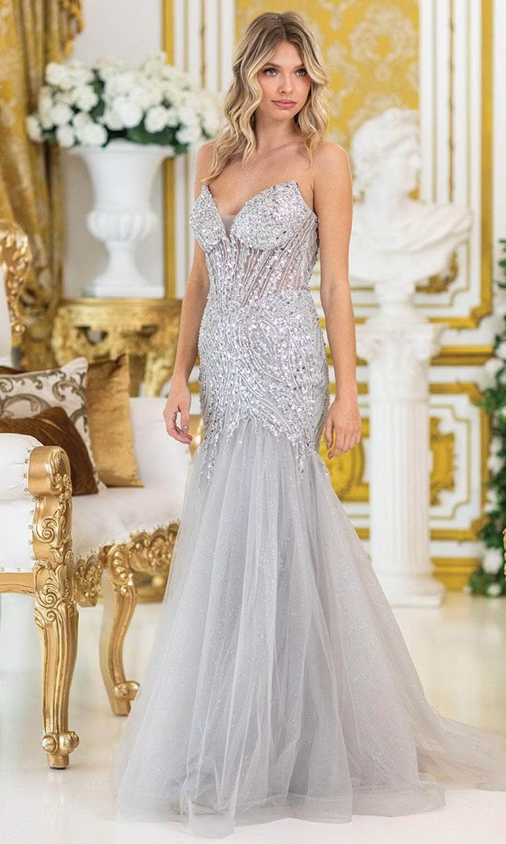15. Silver Tulle Trumpet Gown With Crystal-Beaded Plunge Corset