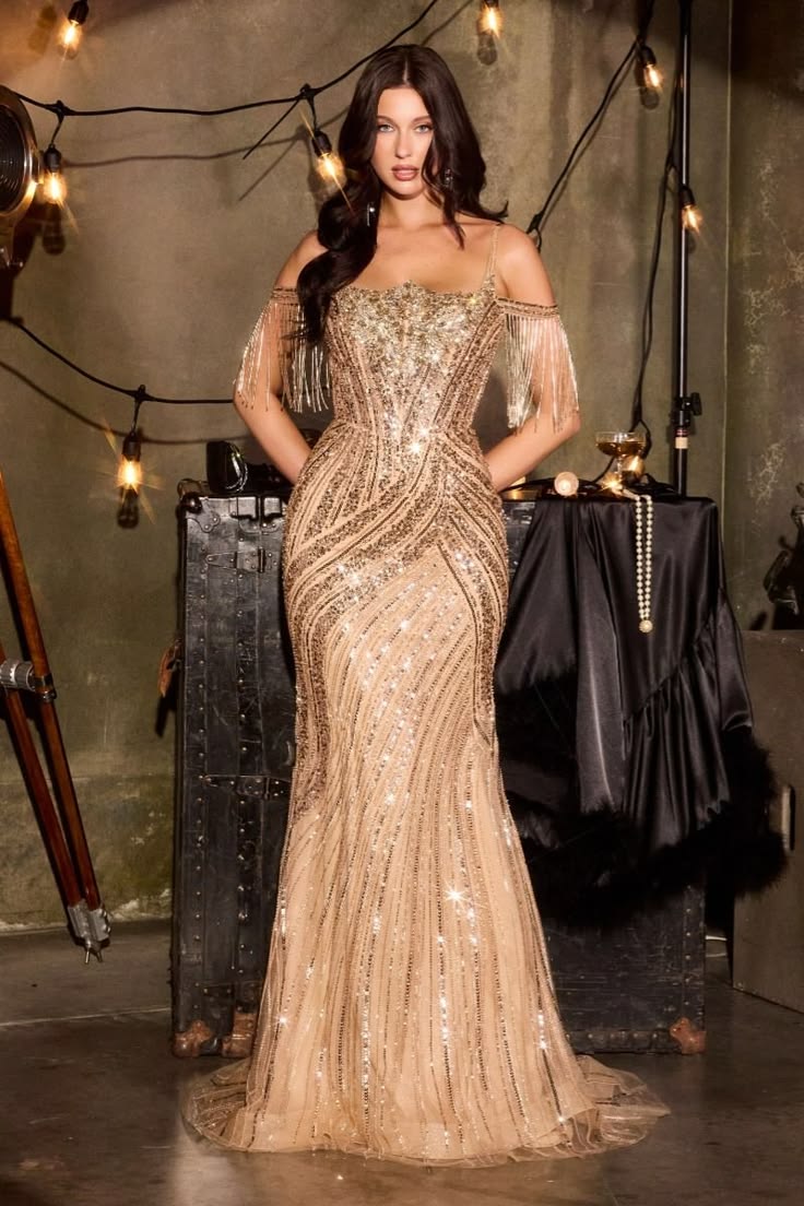 3. Gatsby-Inspired Gold Gown With Beaded Fringe Shoulder Drapes