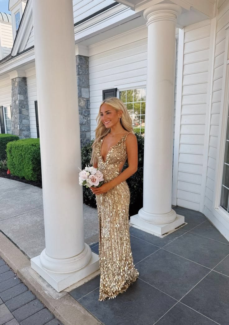 7. Plunging Gold Paillette Column Dress With Side Cutouts and Slit