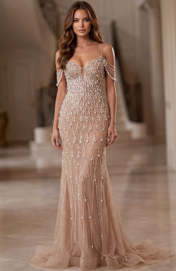 15. Pearl-Lattice Mermaid Gown With Draped Pearl Off-Shoulder Swags