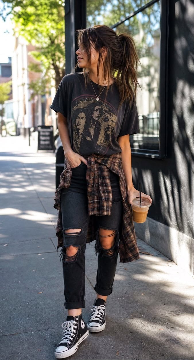 4. Faded Band Tee and Ripped Black Boyfriend Jeans With High-Tops
