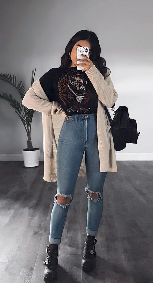 5. Cream Long Cardigan Over Eagle Graphic Tee and Ripped Skinny Jeans