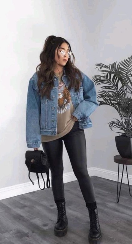 7. Oversized Denim Jacket With Khaki Graphic Tee and Coated Leggings