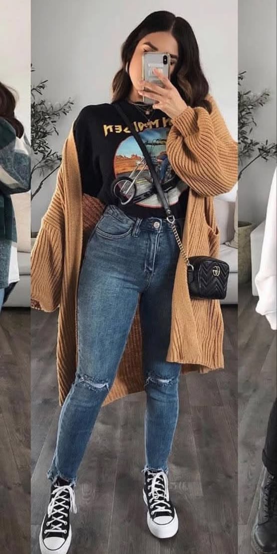 9. Camel Balloon-Sleeve Cardigan and Platform High-Tops With Ripped Jeans