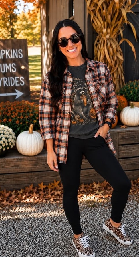 10. Orange-and-Cream Plaid Shirt With Leopard Sneakers for Pumpkin Patch Days