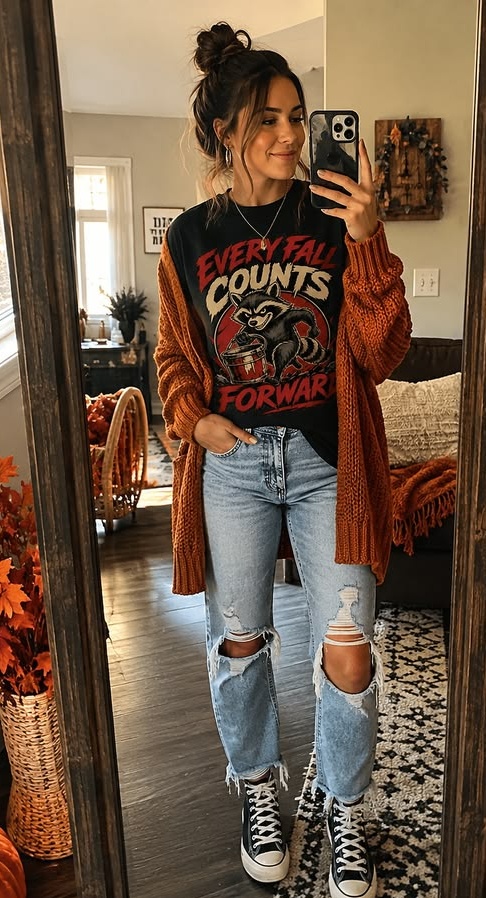 12. Distressed Boyfriend Jeans, Red-Print Tee and Rust Long Cardigan
