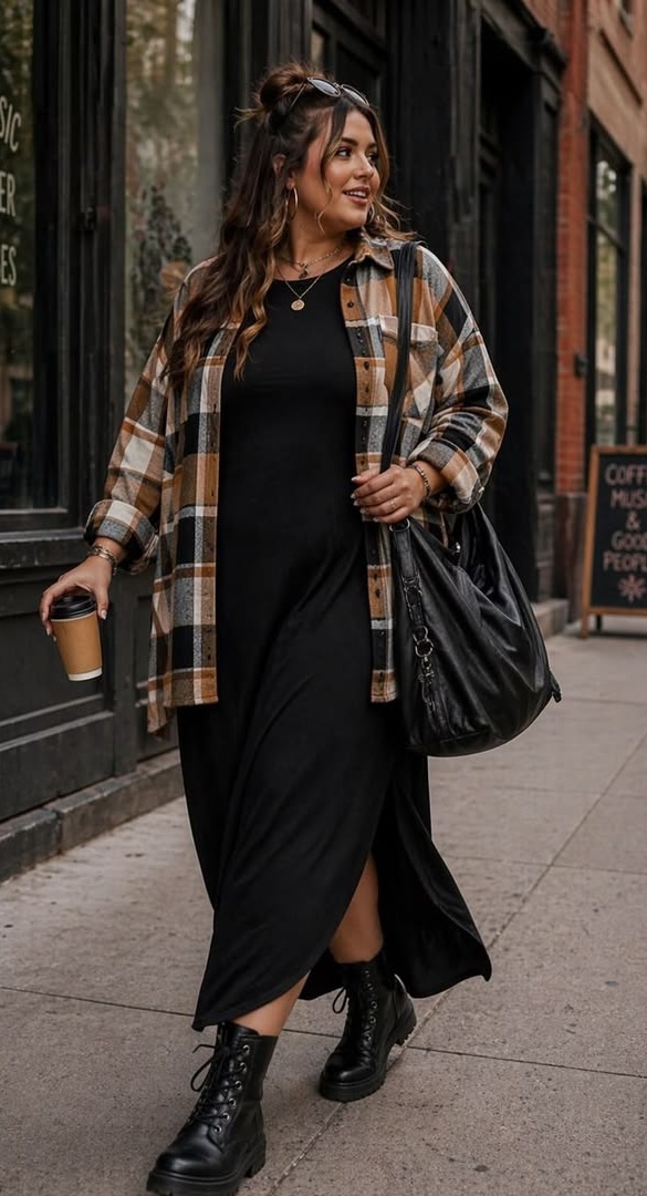 14. Black Maxi T-Shirt Dress Under a Tan Plaid Flannel