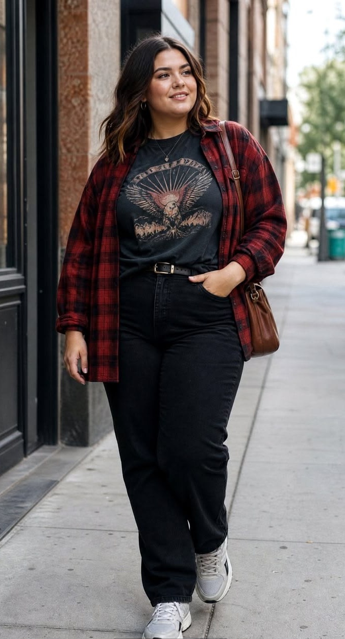 15. Red Buffalo Check Flannel, Tucked Eagle Tee and Black Straight Jeans
