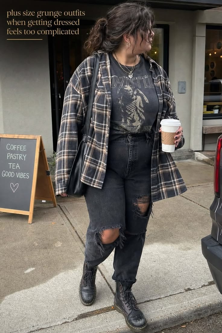 18. Plus-Size Plaid Flannel With Washed Black Ripped Jeans and Lace-Up Boots