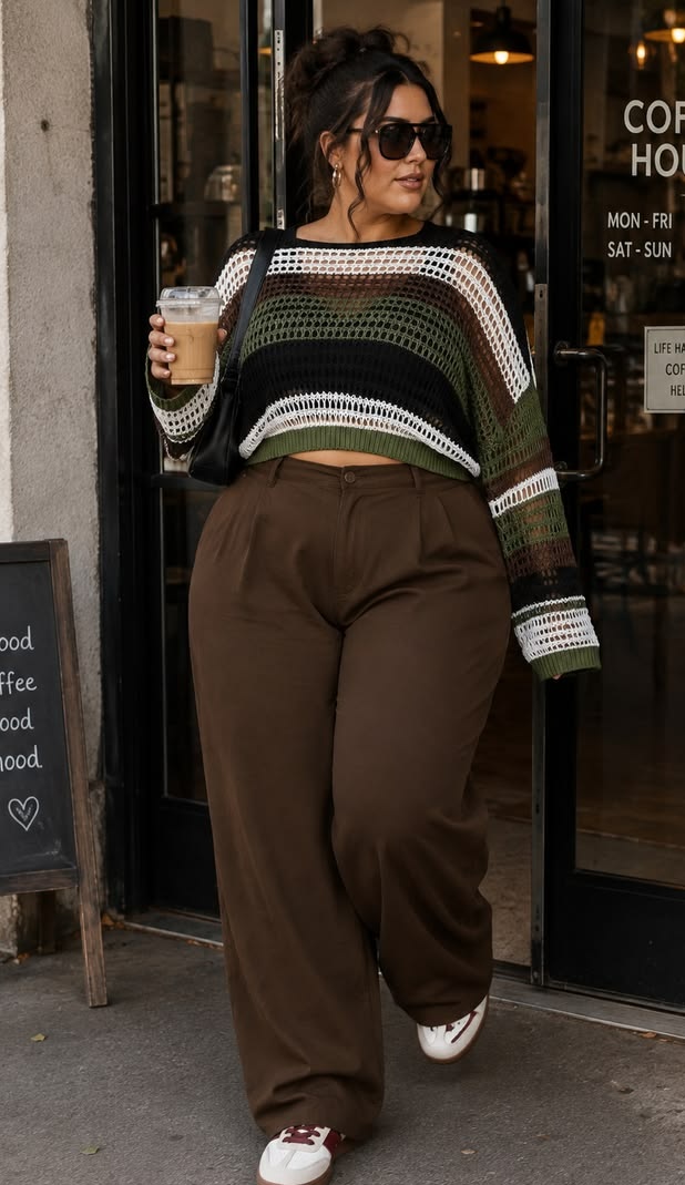 1. Striped Crochet Crop Sweater With Brown Wide-Leg Pleated Trousers