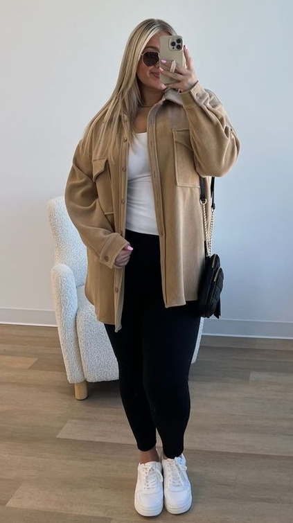 2. Camel Fleece Shacket Over Black Leggings and White Sneakers