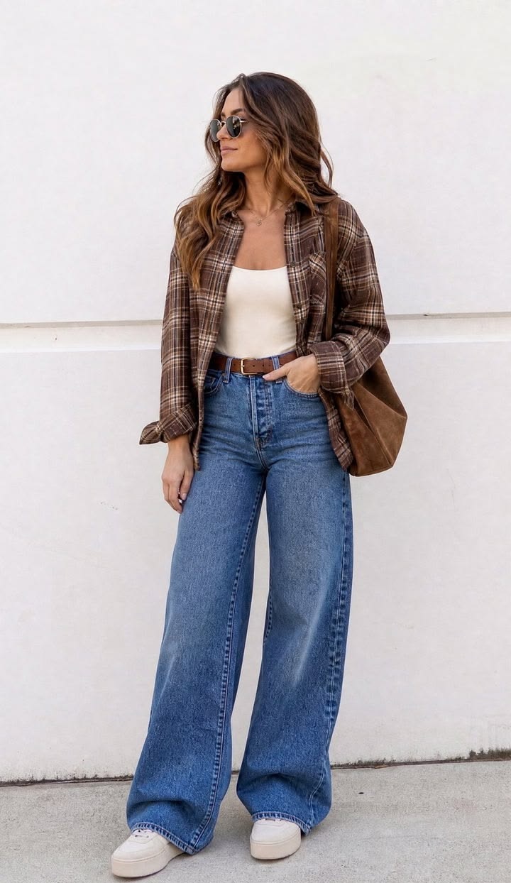 4. Plaid Flannel Shirt Layered Over Wide-Leg Jeans and a Belt