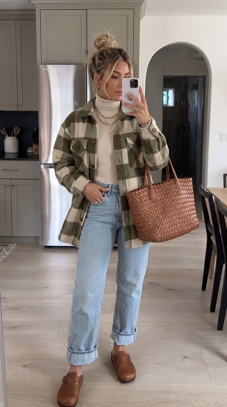 9. Buffalo-Check Olive Shacket With Cream Turtleneck and Cognac Clogs