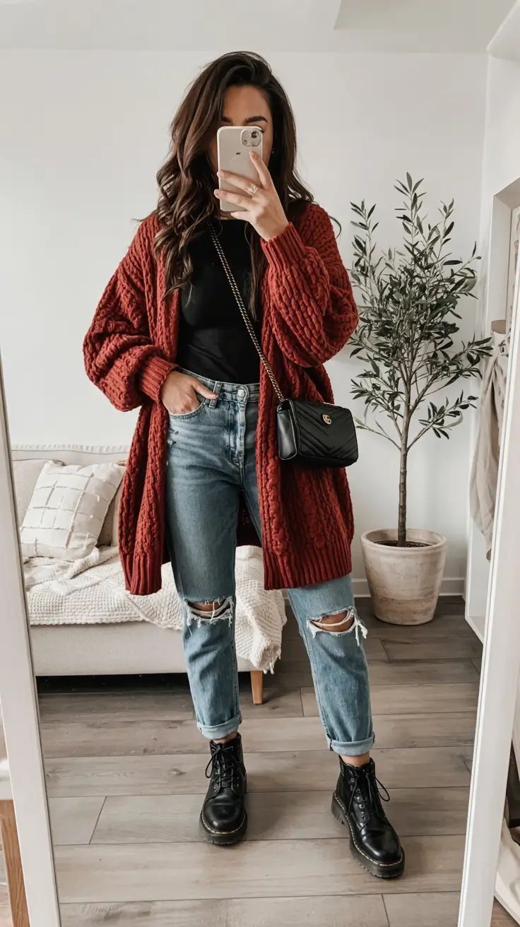 12. Rust Cable-Knit Long Cardigan With Mom Jeans and Combat Boots