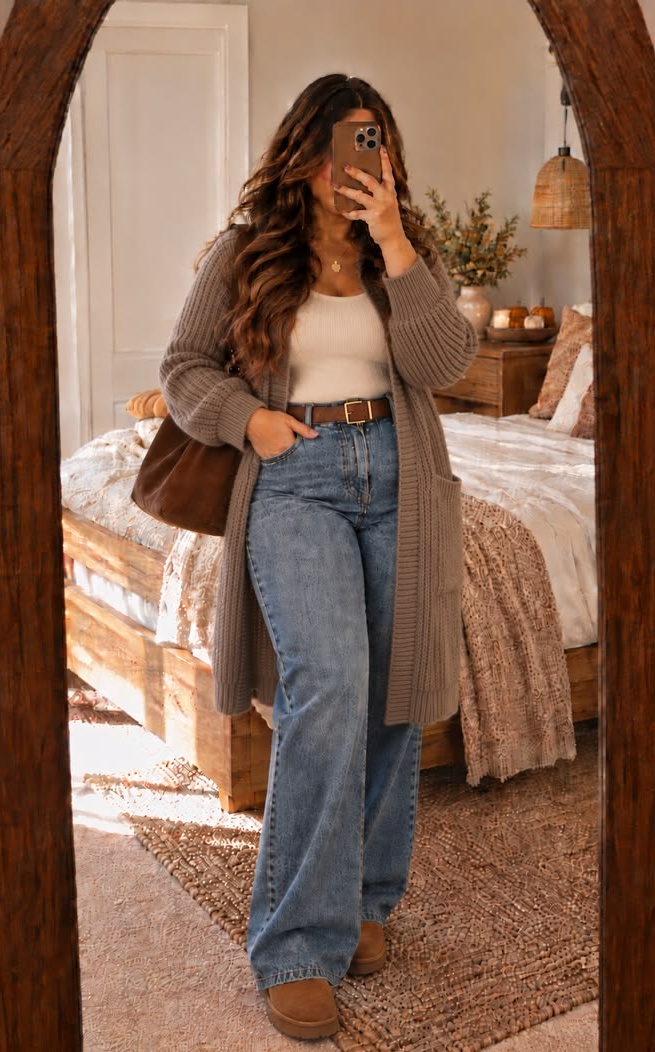 13. Taupe Duster Cardigan Over a Cream Tank and Belted Wide-Leg Jeans