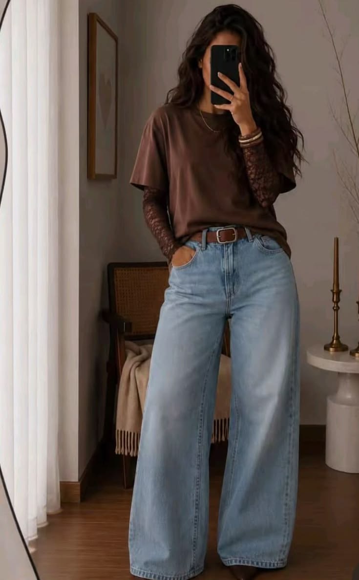 14. Layered Brown Oversized Tee and Lace Sleeves With Baggy Jeans