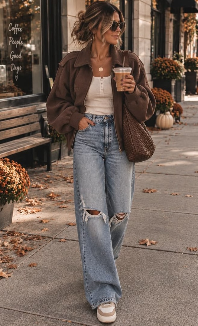 15. Brown Zip-Up Bomber Jacket With Ripped Wide-Leg Jeans for Coffee Runs