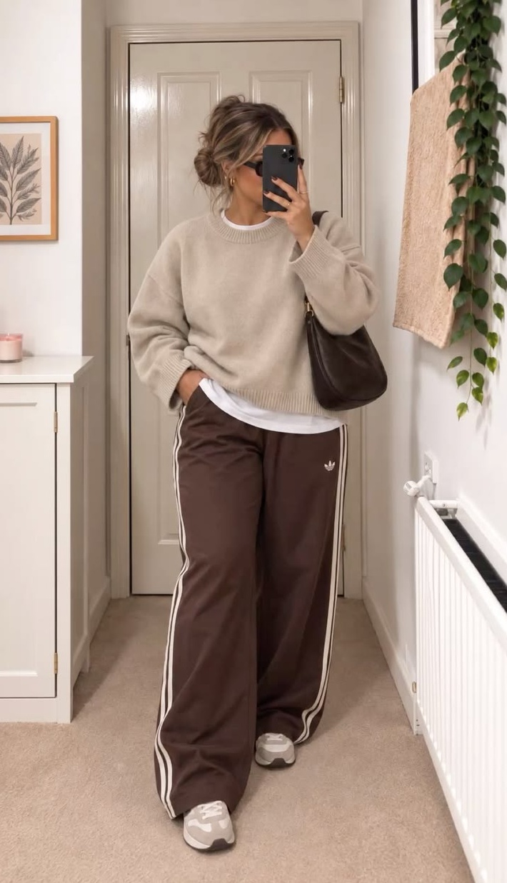 16. Oatmeal Crewneck Sweater Over Brown Striped Track Pants